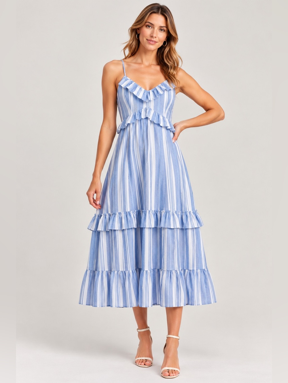 NEW Cinq à Sept Addy Striped Ruffled Blue Maxi Dress Size 0